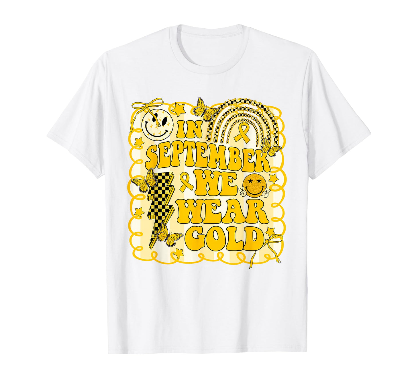 in September We Wear Gold Childhood Cancer Rainbow Butterfly T-Shirt