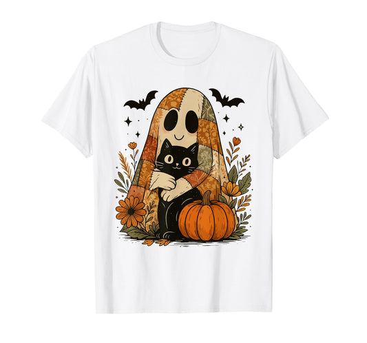 Cute Ghost Hugging Black Cat Halloween - Pumpkin Fall Floral T-Shirt