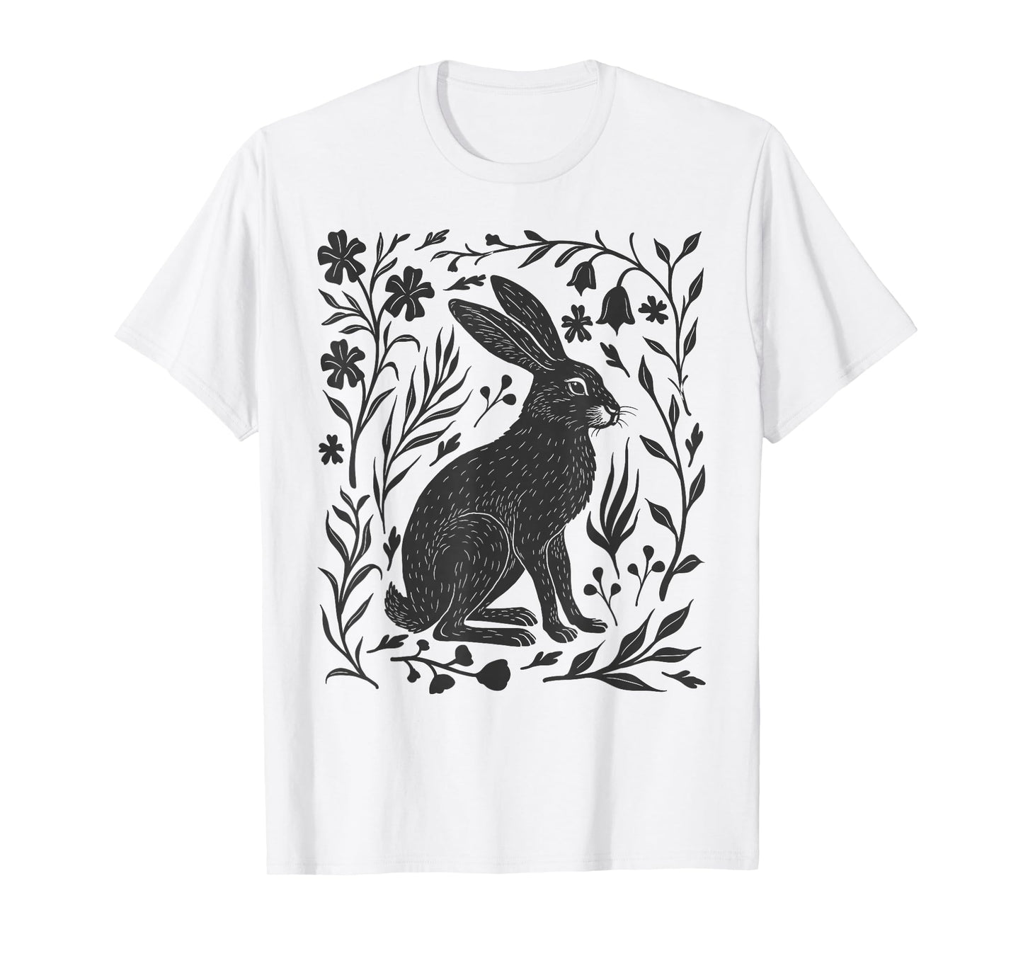Wild Rabbit Hare Linocut Nature Lino Print Folk Art Forest T-Shirt