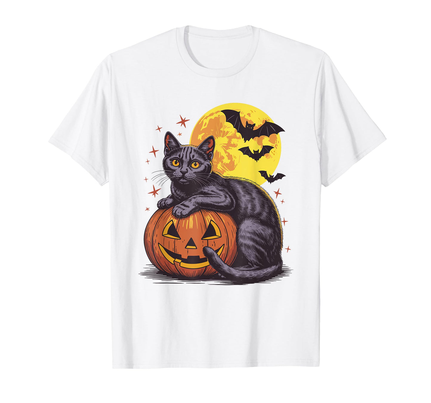 Retro Black Cat Pumpkin Halloween - Spooky Moon Bats Costume T-Shirt