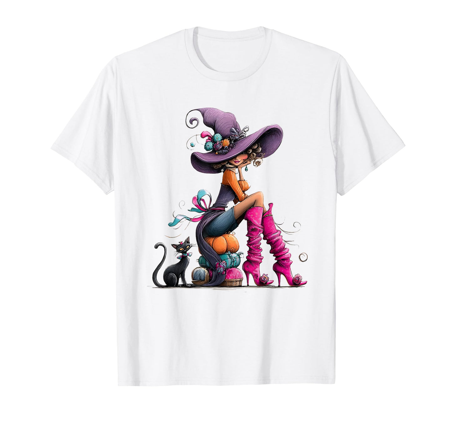 Spooky Witch High Heels with Black Cat Halloween Pumpkin T-Shirt
