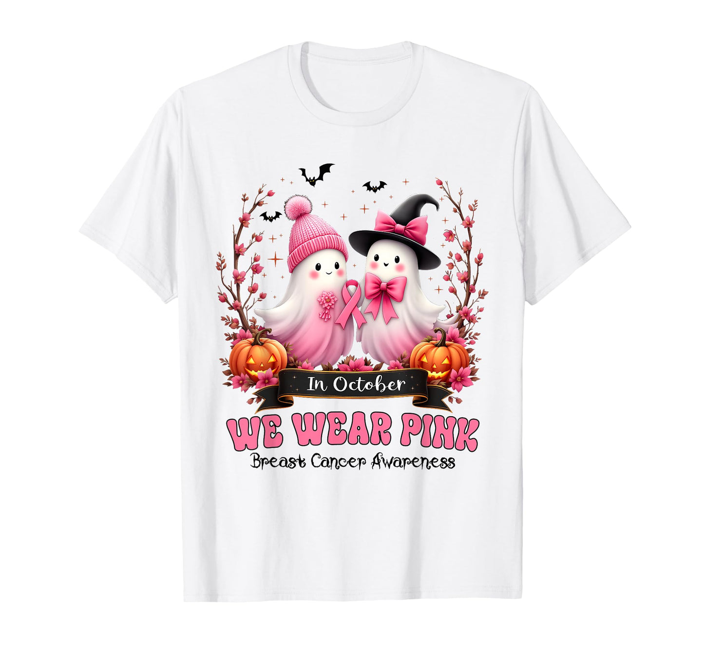 in October We Wear Pink Ghost Witch Breast Cancer Awareness T-Shirt