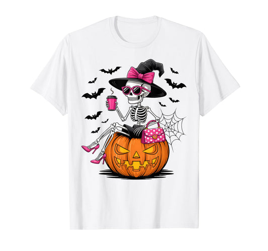 Cute Skeleton Drinking Coffee Lover Halloween Costumes Women T-Shirt