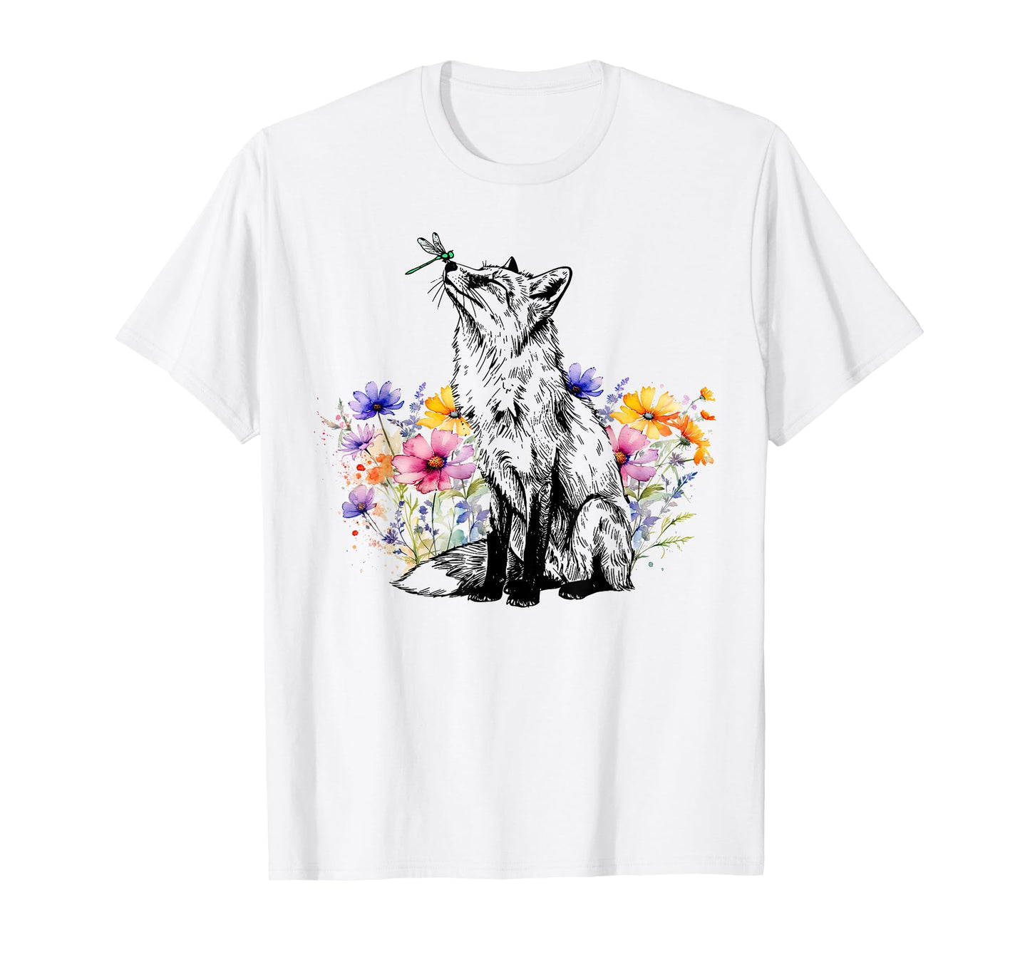 Retro Floral Fox Dragonfly Wildlife Animal Nature Lover T-Shirt