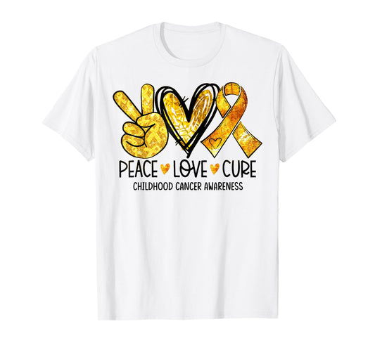Peace Love Cure Gold Heart Ribbon Childhood Cancer Awareness T-Shirt