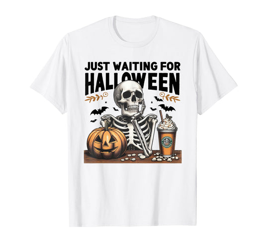 Just Waiting For Halloween Skeleton Ice Coffee Pumpkin T-Shirt