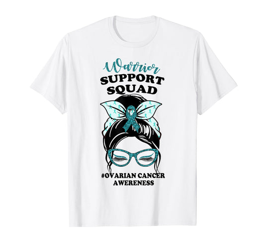 Support Squad Messy Bun Warrior Ovarian Cancer Awareness T-Shirt