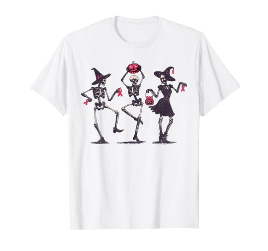 Dancing Skeleton Witch Pink Ribbon Breast Cancer Halloween T-Shirt