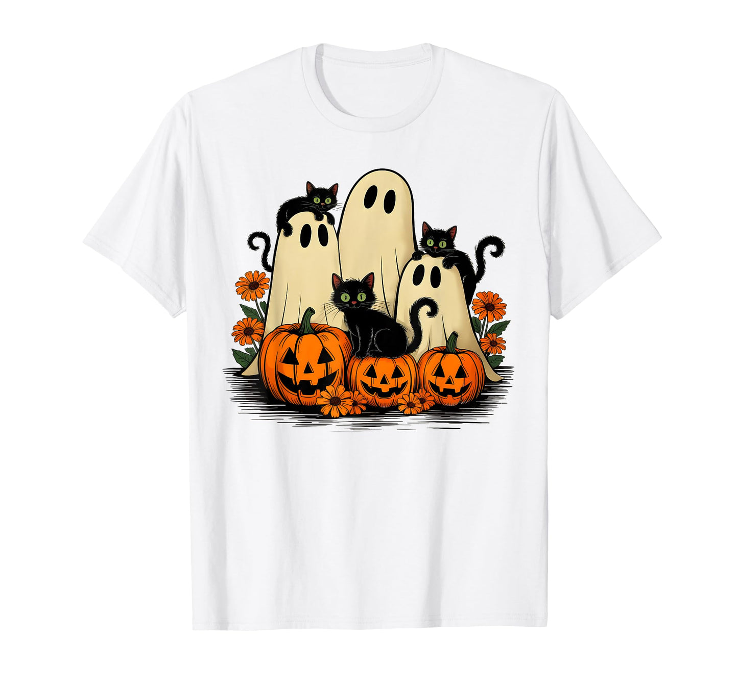Retro Floral Ghost Coquette Bow Pumpkin Halloween Black Cat T-Shirt