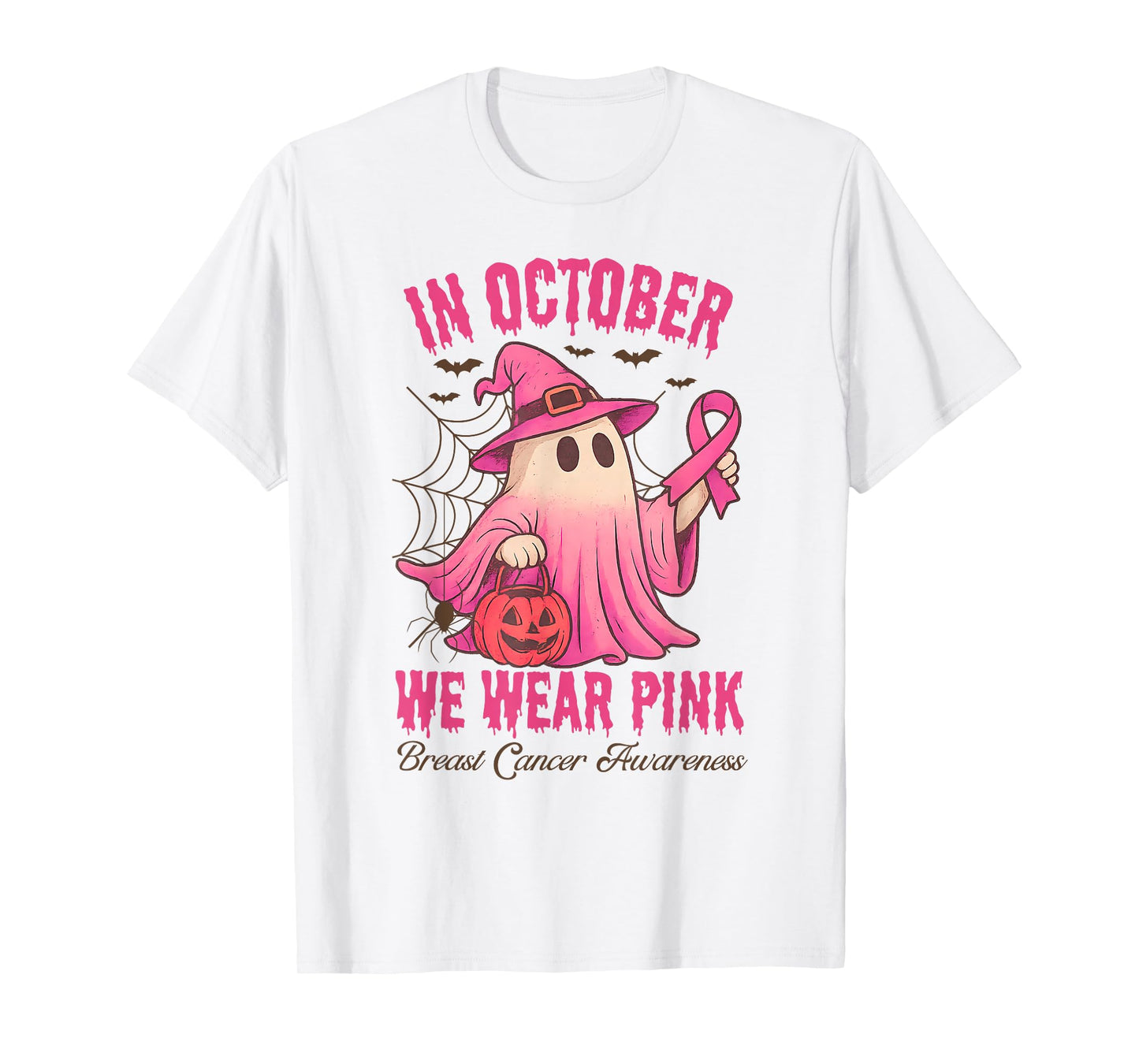 in October We Wear Pink Ribbon Ghost Witch Halloween Costume T-Shirt