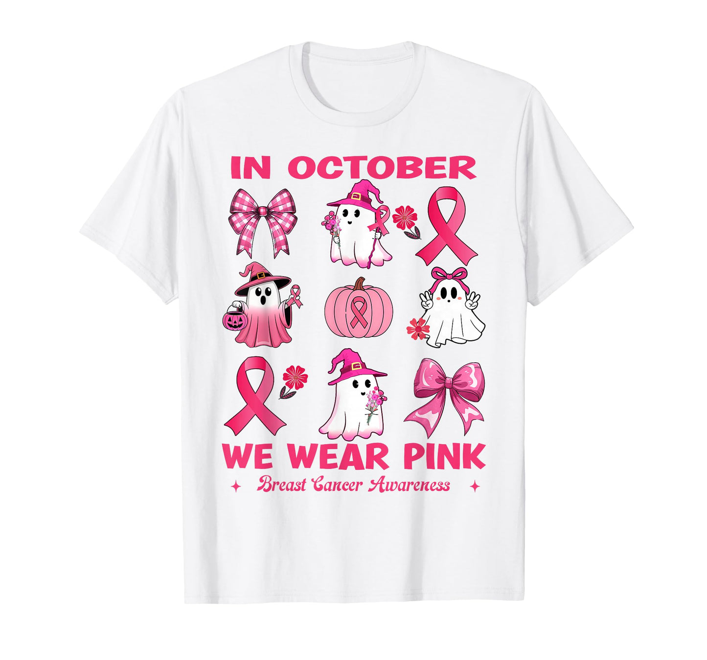 in October We Wear Pink Breast Cancer Cute Ghosts Pumpkin T-Shirt