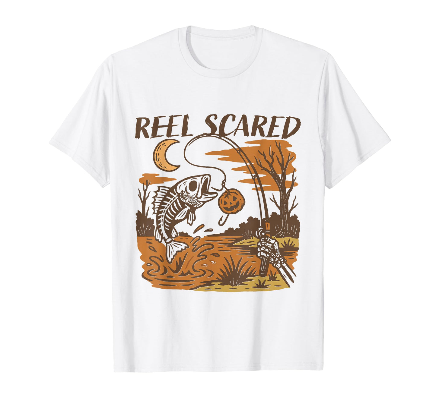 Reel Scared Halloween Fishing Skeleton Fisherman Spooky Fall T-Shirt