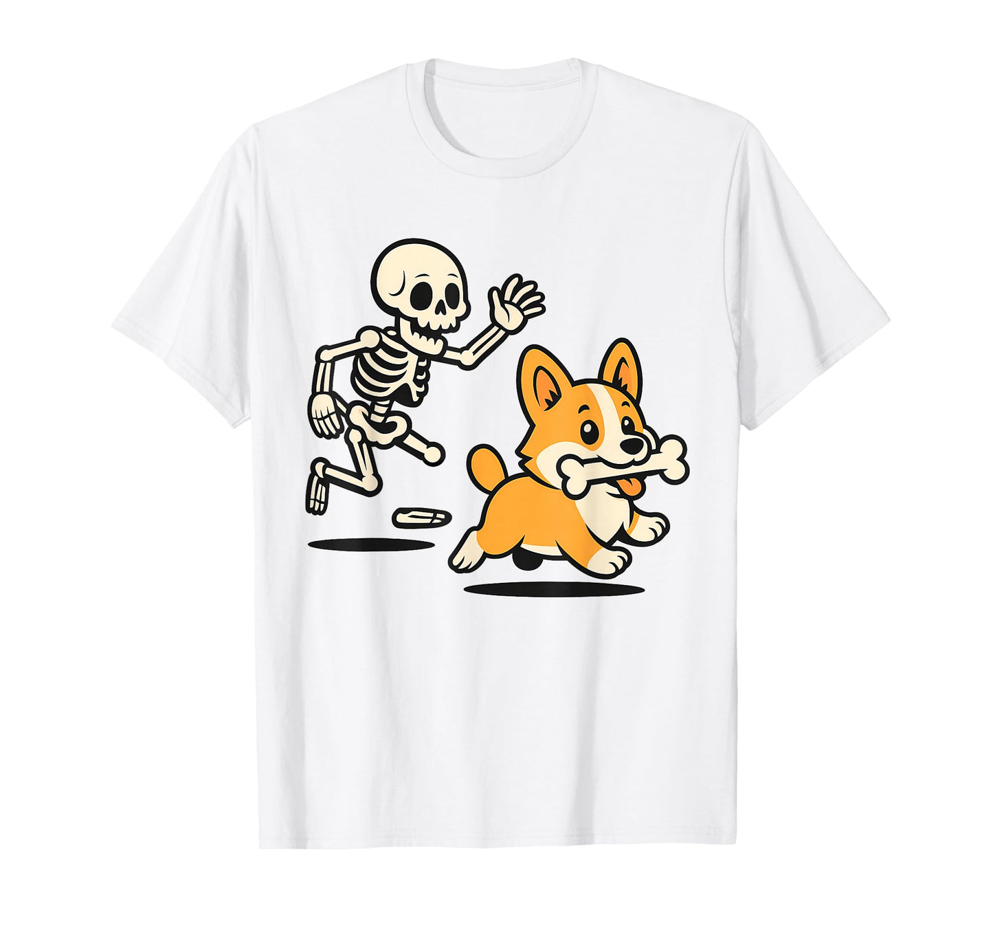 Funny Skeleton Chasing Corgi, Halloween Spooky Season Tees T-Shirt