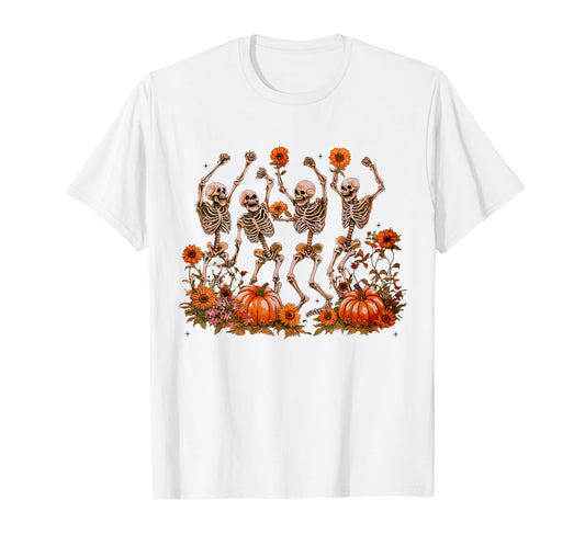 Dancing Skeletons Pumpkin Floral Skeleton Flower Halloween T-Shirt
