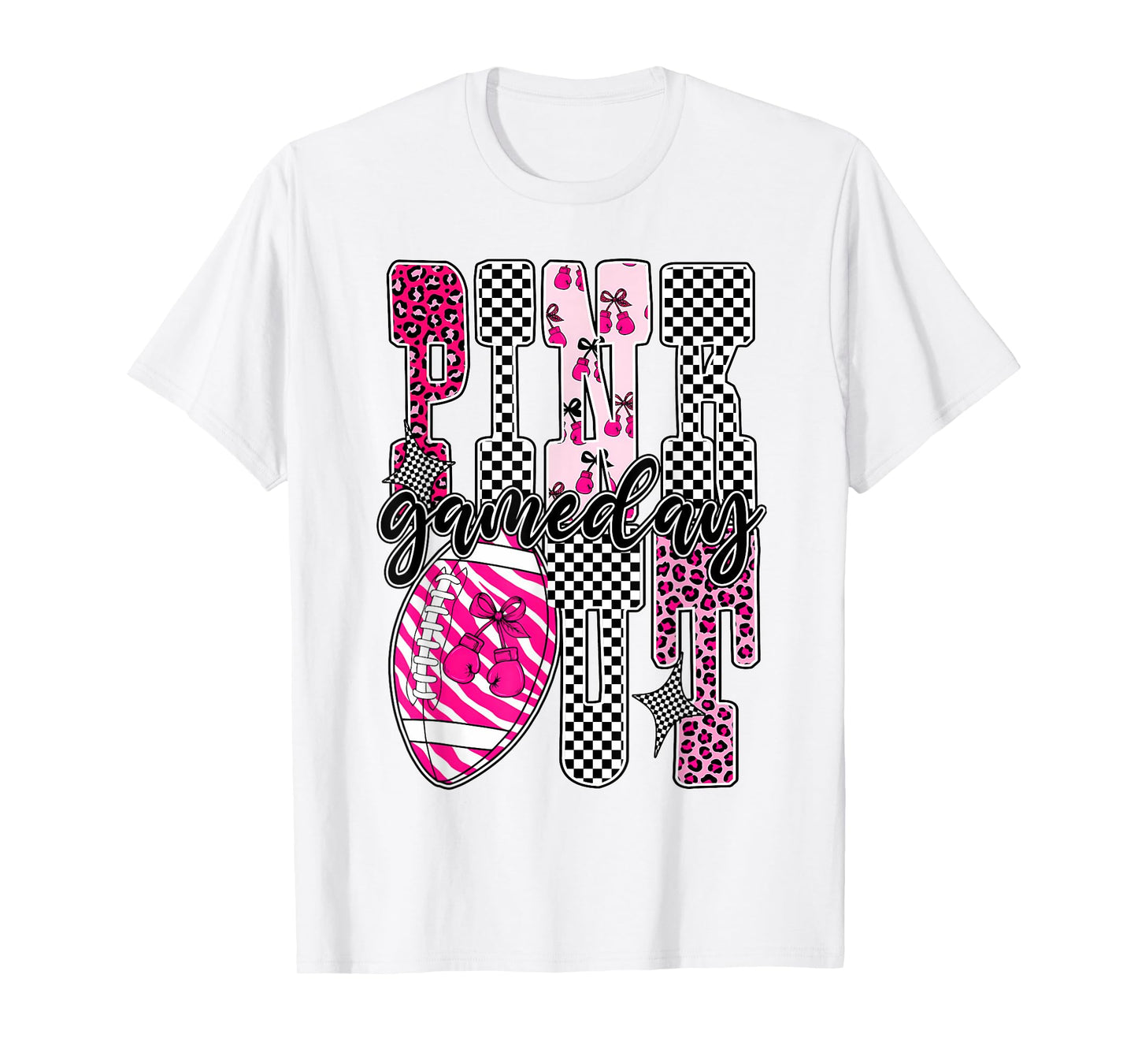 Pink Out Football Game Day Checkered Breast Cancer Awareness T-Shirt