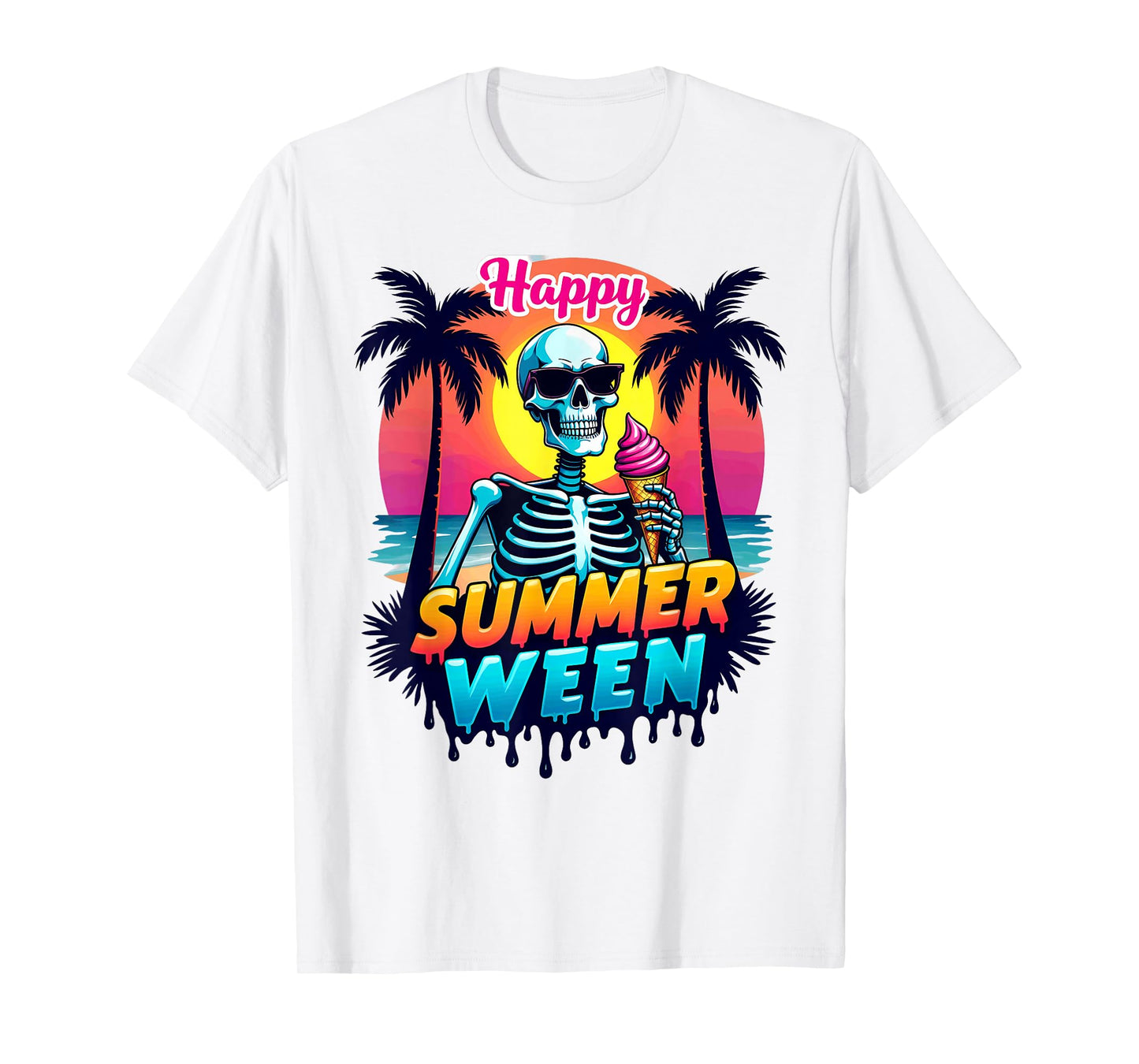 Summer Vacation Tropical Beach Skeleton Happy Summerween T-Shirt