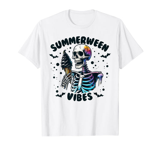 Summerween Vibes Skeleton Ice Cream Summer Vacation Funny T-Shirt