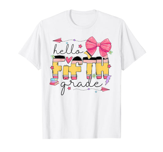 Back To School Hello Fifth Grade Teacher Coquette Pencil Bow T-Shirt