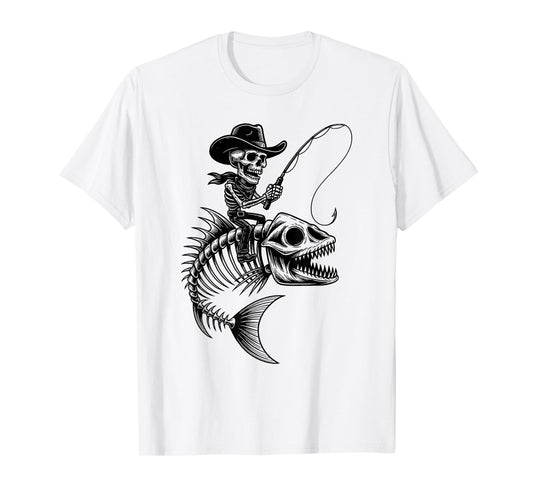 Cowboy Skeleton Riding Fish Bones Spooky Fishing Western T-Shirt