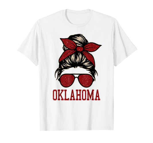 Oklahoma Women Girl Messy Bun Hair. Oklahoma US College Font T-Shirt