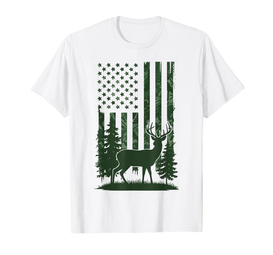 Deer Hunting Camo American Flag Nature Background USA Flag T-Shirt
