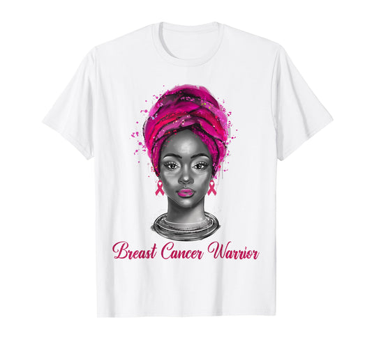 Breast Cancer Warrior Black Queen Afro Woman Pink Ribbon T-Shirt