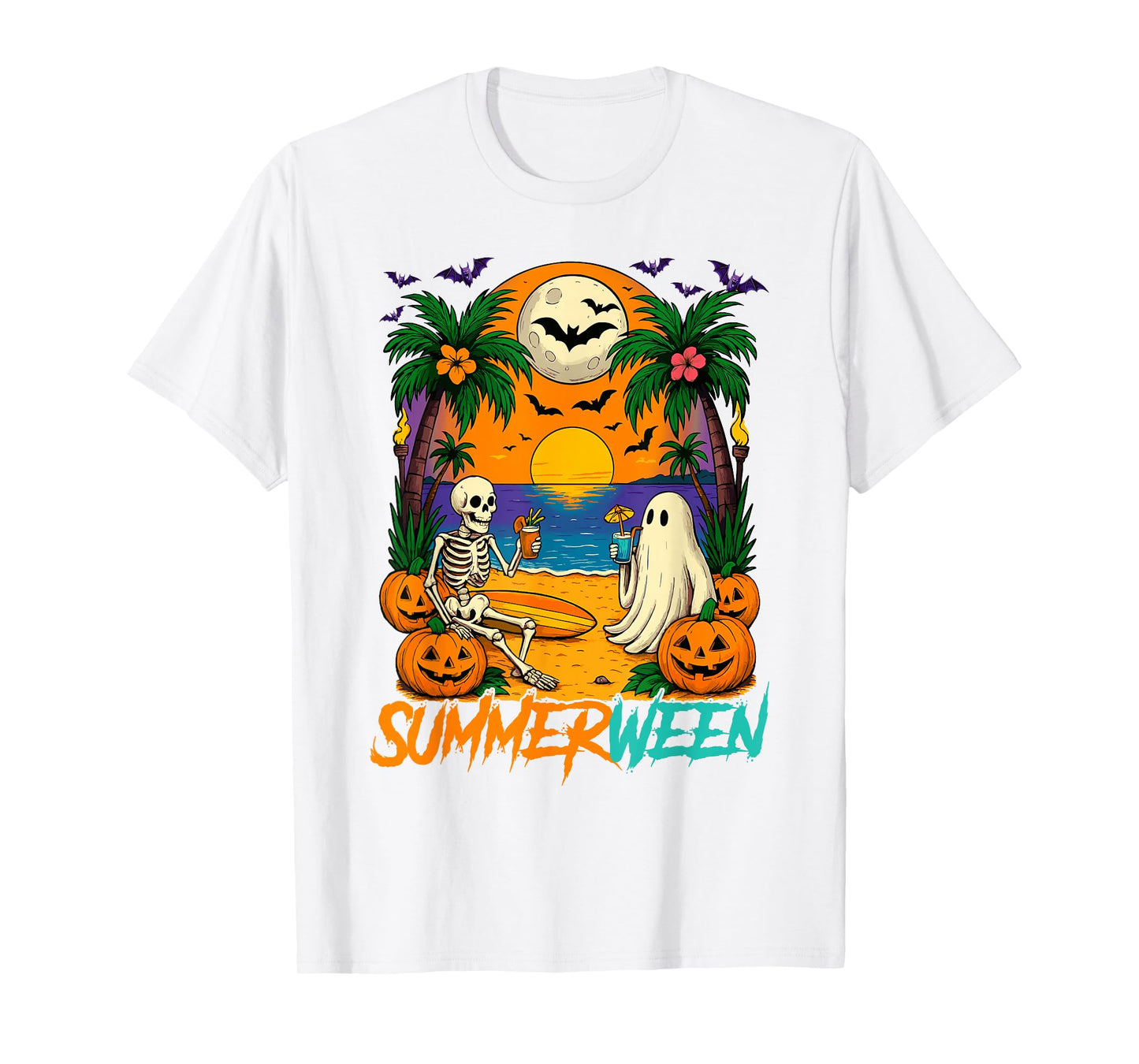 Summerween Ghost & Skeleton Halloween Summer Beach Vacation T-Shirt