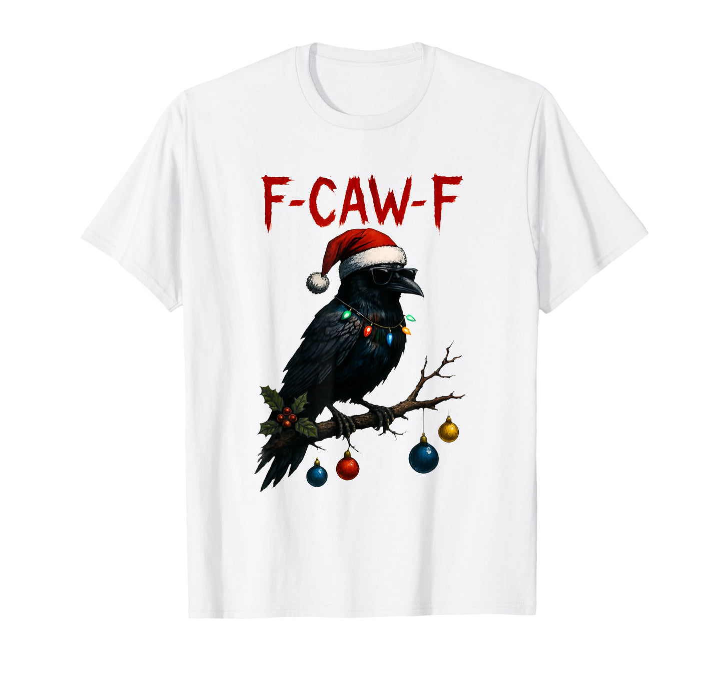 Black Crow F-Caw-F Funny Retro Christmas Lights Santa Hat T-Shirt