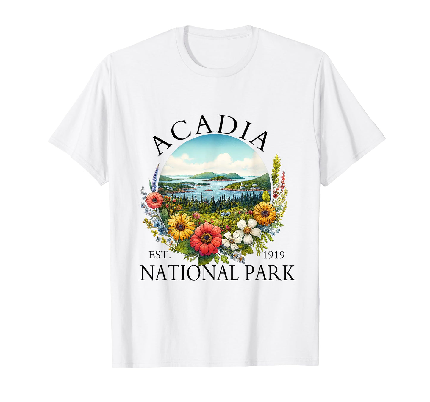 Retro Floral Acadia National Park Hiking Camping Outdoor T-Shirt