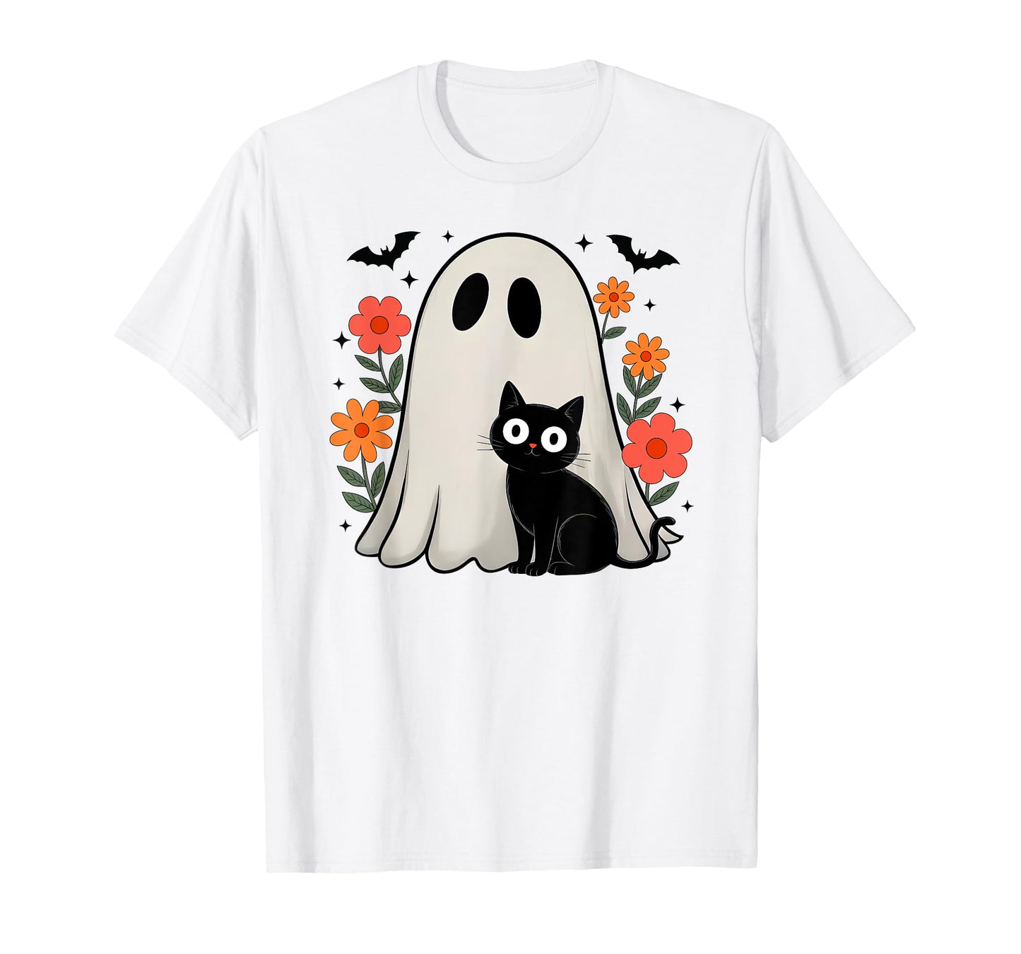 Retro Floral Ghost Black Cat Halloween Costume Men Women T-Shirt