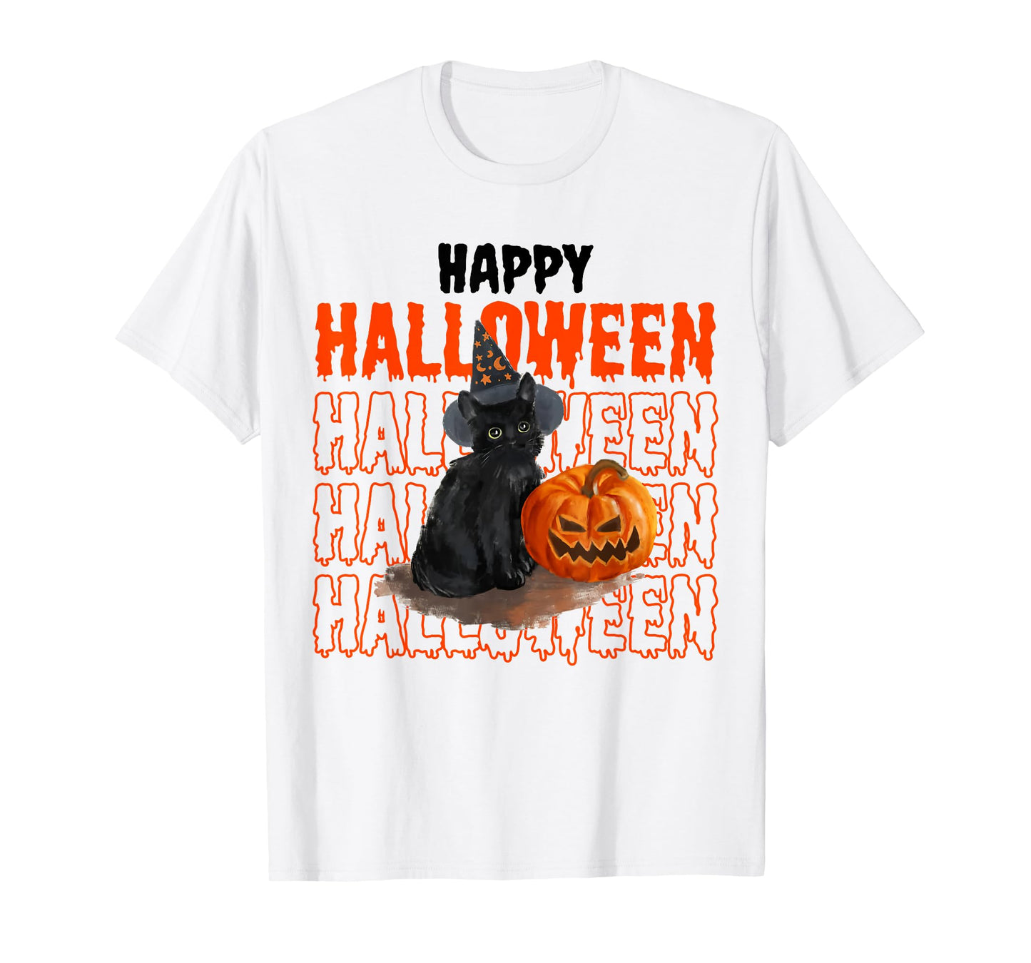 Happy Halloween Cute Black Cat with Pumpkin Witch Wishing T-Shirt