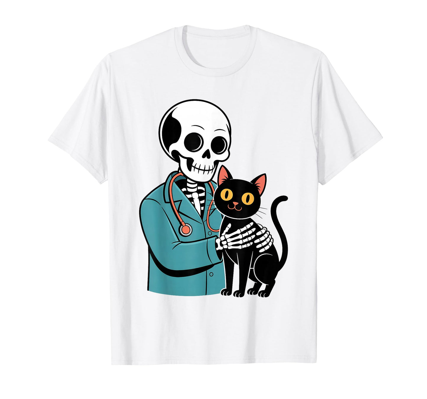 Skeleton Hugging Cat Funny Vet Cat Lover Halloween Men Women T-Shirt