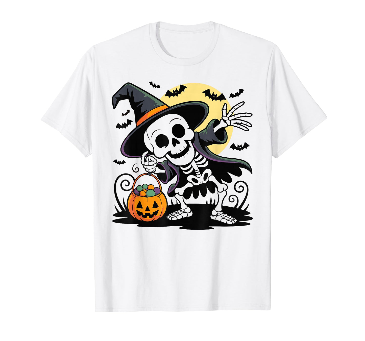Spooky Skeleton with Pumpkin Moon Bats Halloween Men Women T-Shirt