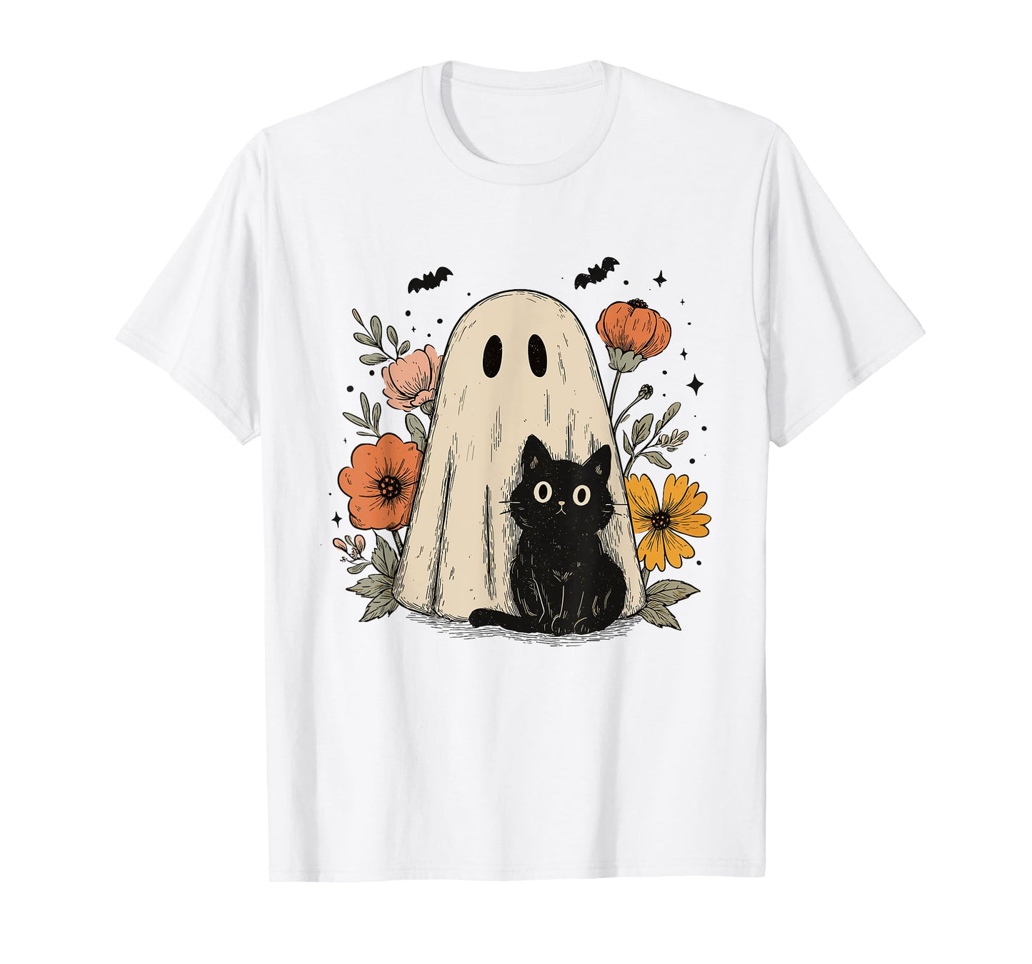 Spooky Vibes Floral Black Cat Ghost Halloween Pumpkin Spooky T-Shirt