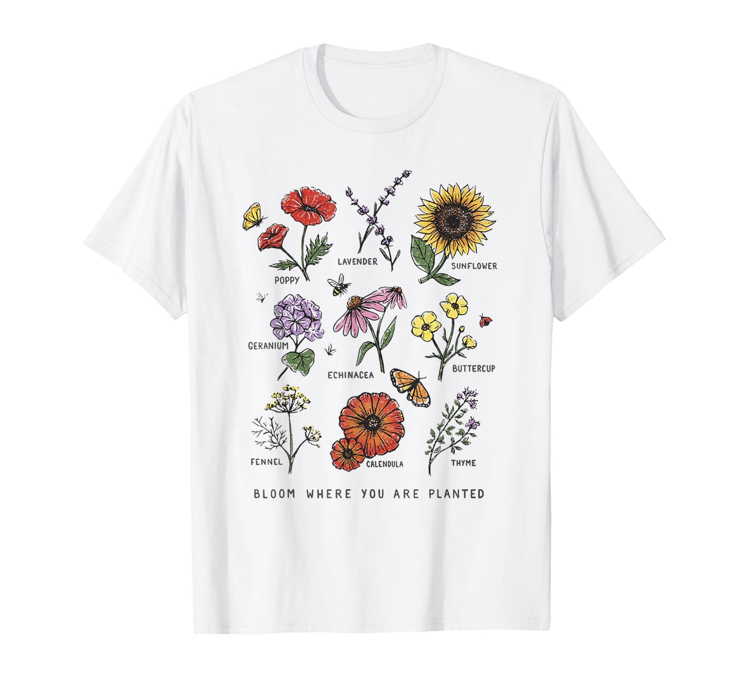 Garden Life Gift Tees Bloom Where You Are Planted Botanican Flowers Unisex Adult T-Shirt Blue Small Modern Classic Floral Short Sleeve