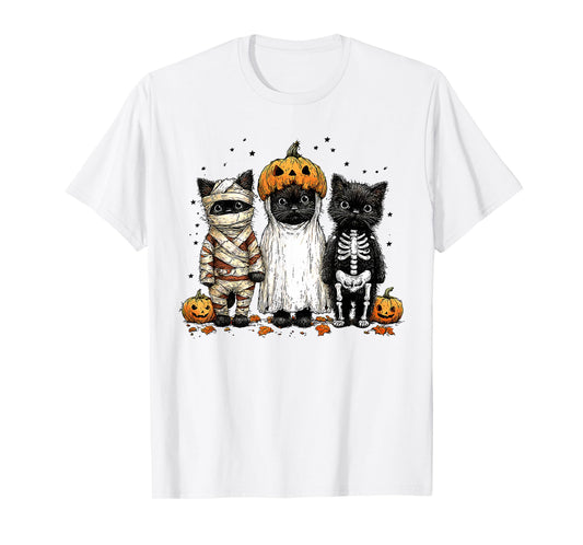 Cute Black Cats Halloween - Mummy Ghost Skeleton Costume T-Shirt