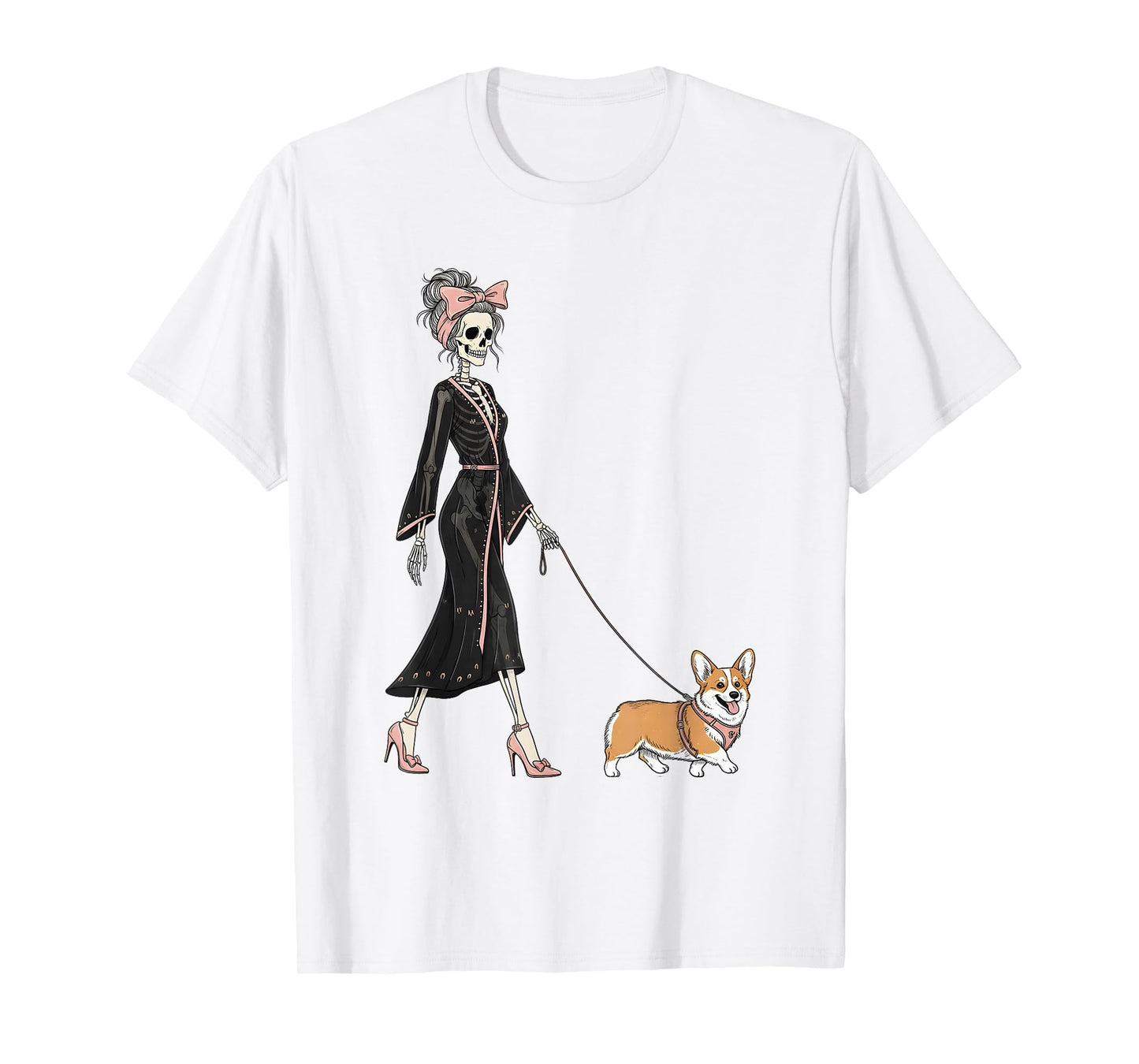 Skeleton Corgi Dog Walking Halloween Women T-Shirt