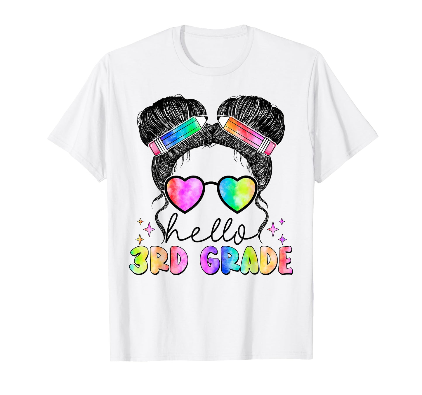 Messy Hair Bun Girl Back To School First Day Hello 3rd Grade T-Shirt
