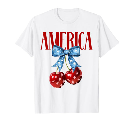 Cute America Cherries Coquette Bow Retro Cherry 4th Of July T-Shirt