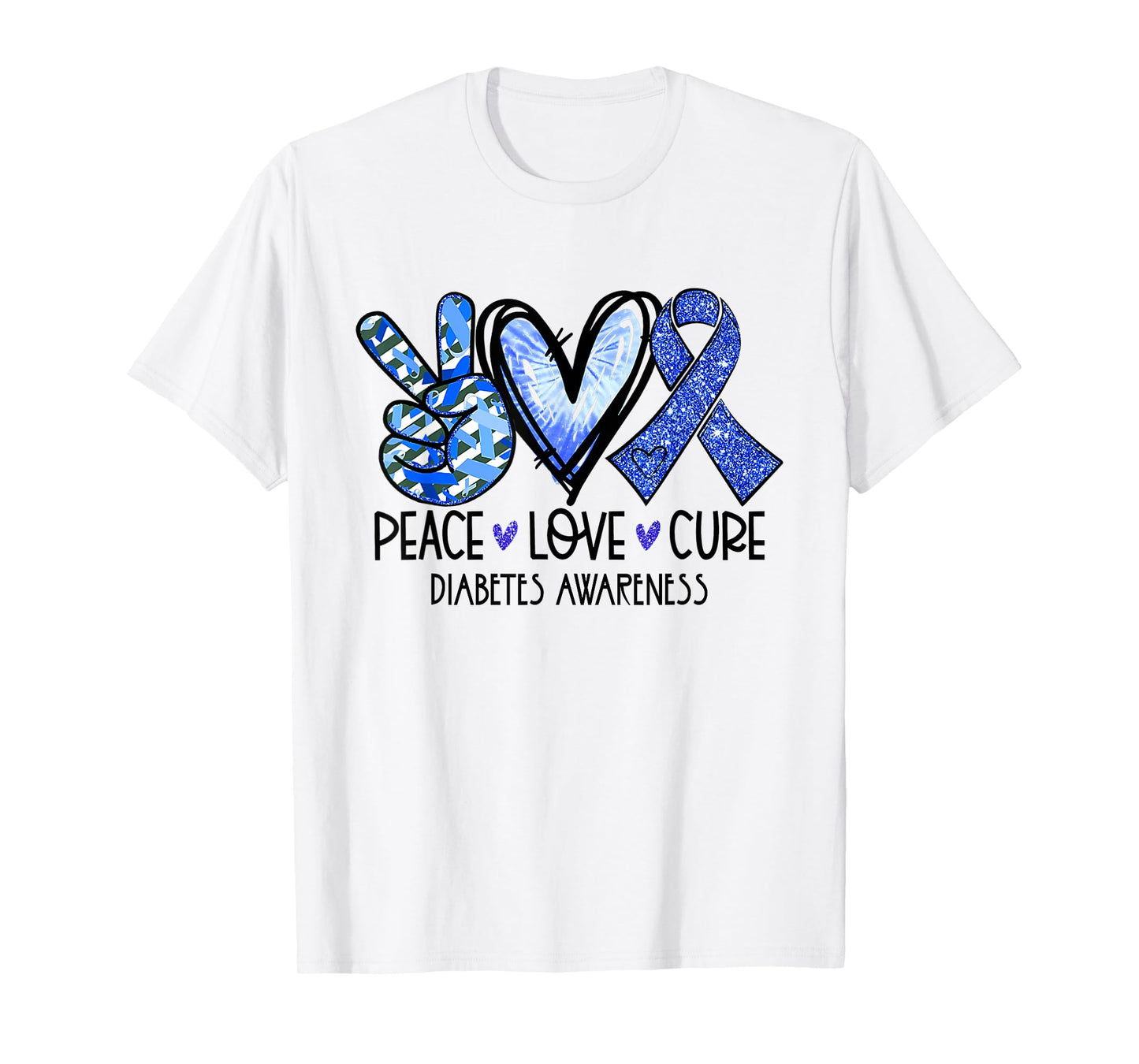 Peace Love Cure Type 1 Diabetes Awareness T1D Blue Ribbon T-Shirt