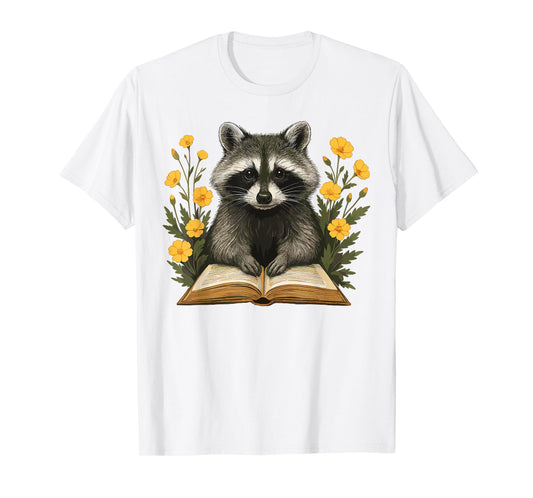 Cute Raccoon Reading Book Floral Nature Lover T-Shirt