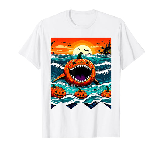 Halloween Pumpkin Shark Funny Summerween Spooky Summer Kids T-Shirt