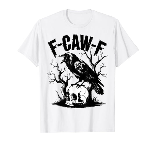 Dark Raven Perched on Skull with F-CAW-F Gothic Horror Art T-Shirt