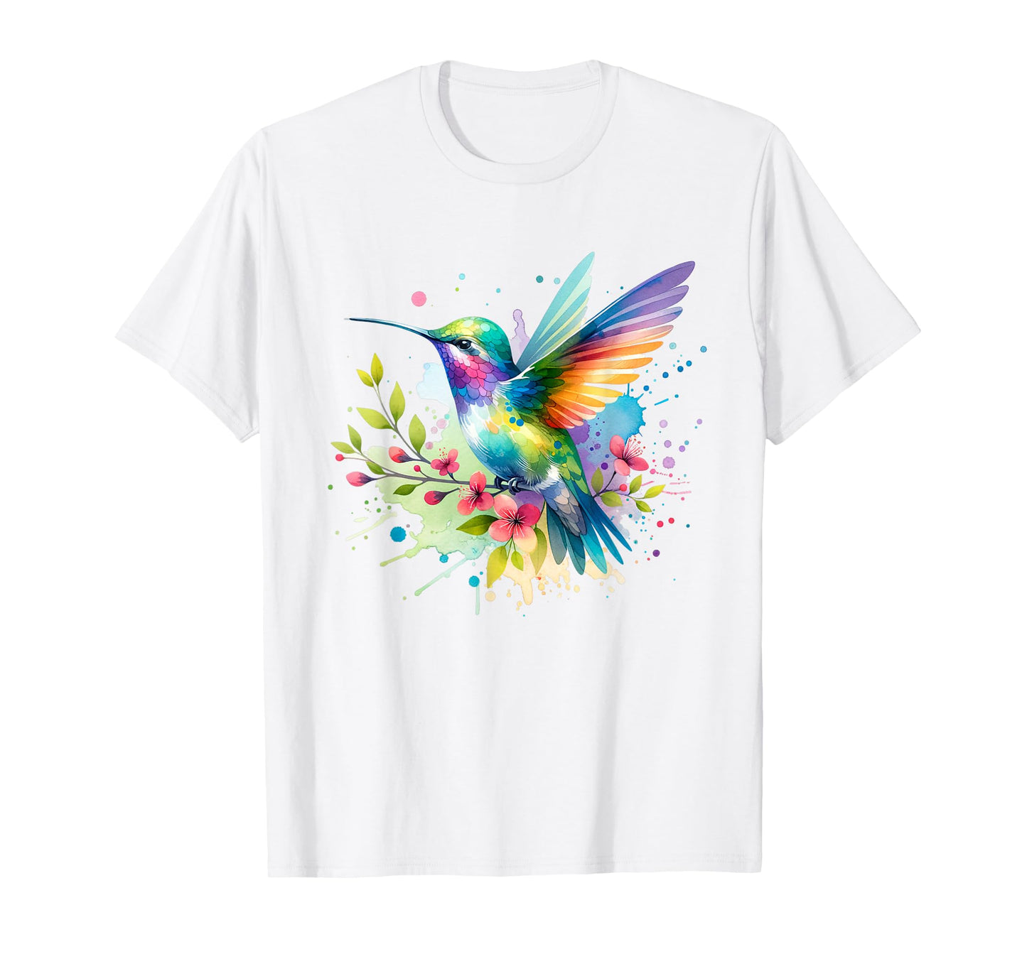 Hummingbird, Spring Floral Watercolor Scene T-Shirt