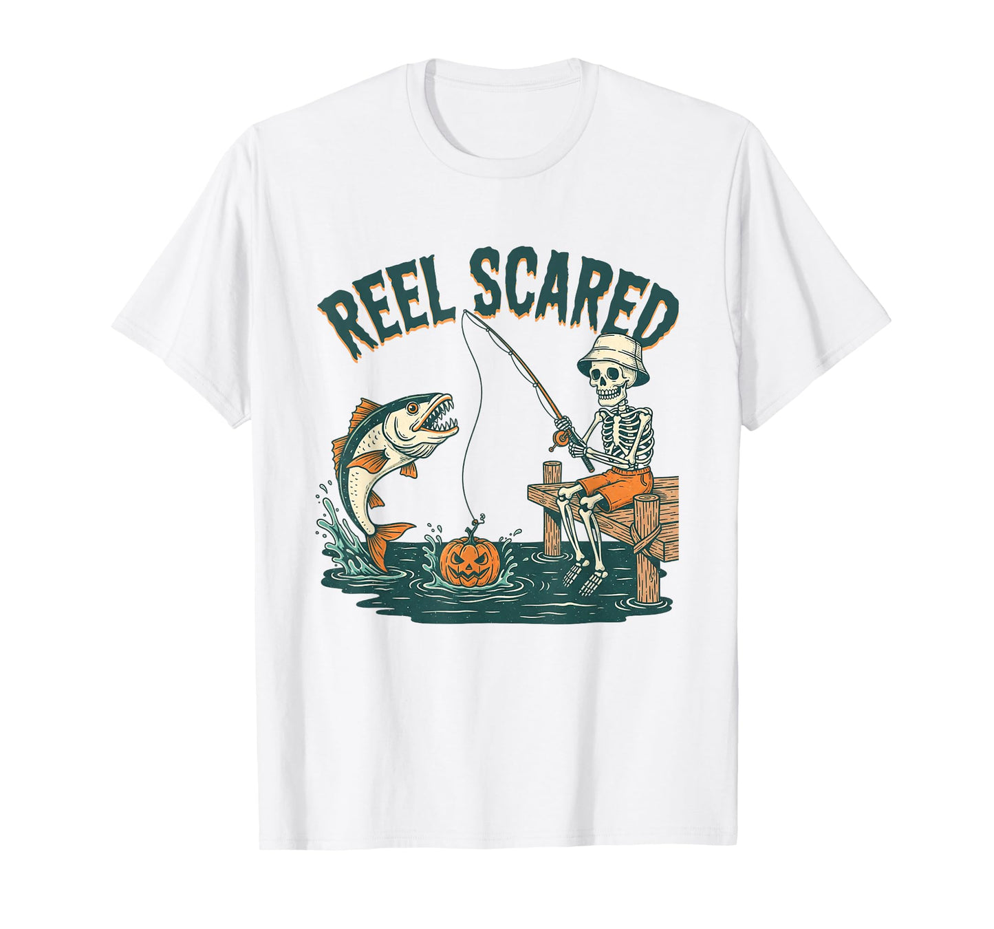 Reel Scared Funny Skeleton Fishing Dad Men Halloween Costume T-Shirt