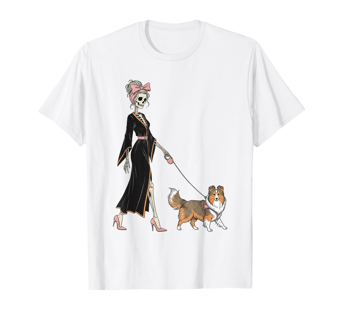 Skeleton Shetland Sheepdog Dog Walking Halloween Women T-Shirt