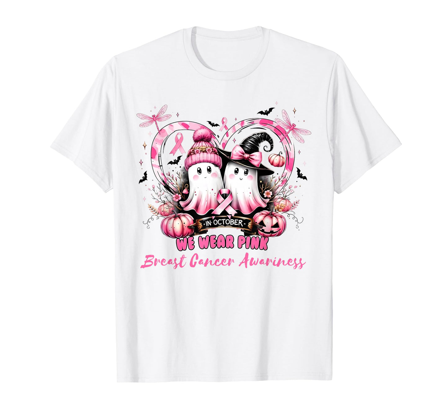 in October We Wear Pink Breast Cancer Heart Dragonflies T-Shirt