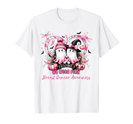 in October We Wear Pink Breast Cancer Heart Dragonflies T-Shirt
