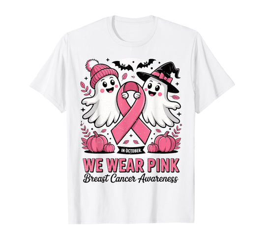 in October We Wear Pink Ghost Witch Breast Cancer Awareness T-Shirt