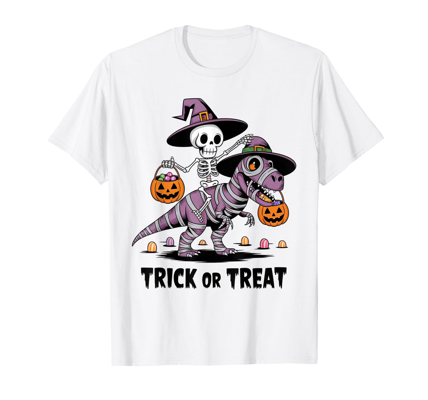 Trick or Treat Halloween Skeleton Riding Mummy Dinosaur Kids T-Shirt
